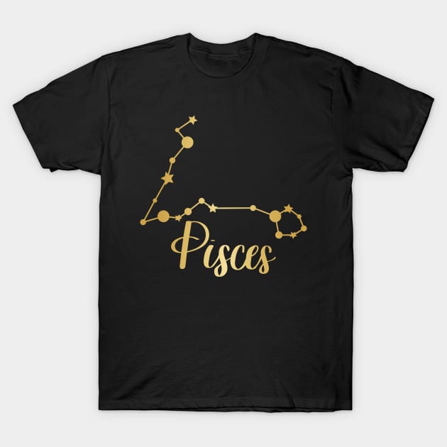 Pisces Zodiac Constellation in Gold - Black T-Shirt by Kelly Gigi